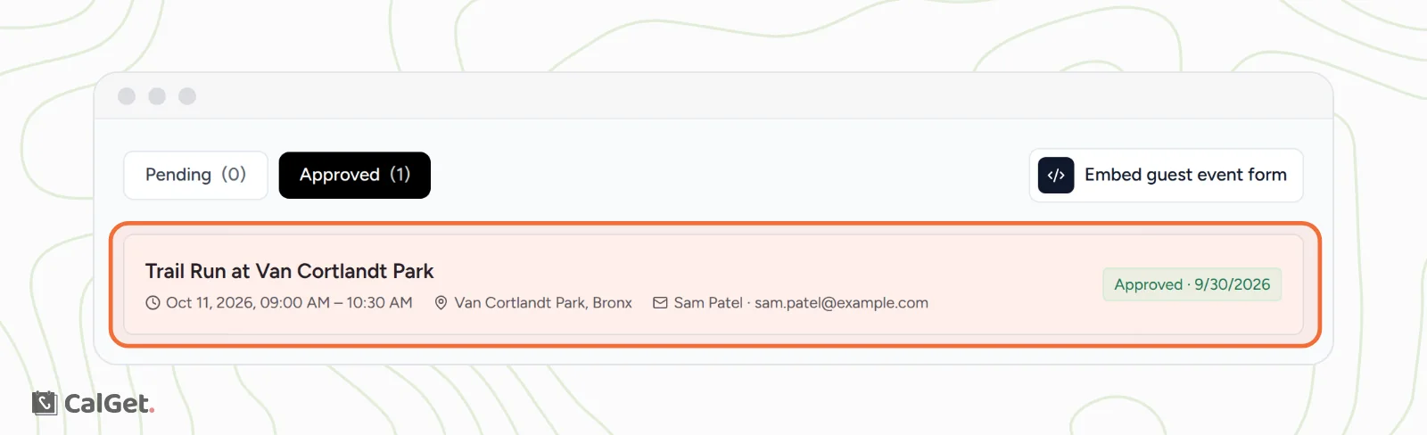 The Approved list of a calendar's Guest Events with one approved submission, Trail Run at Van Cortlandt Park, showing its date, location, the submitter's name and email, and Approved with the date, highlighted