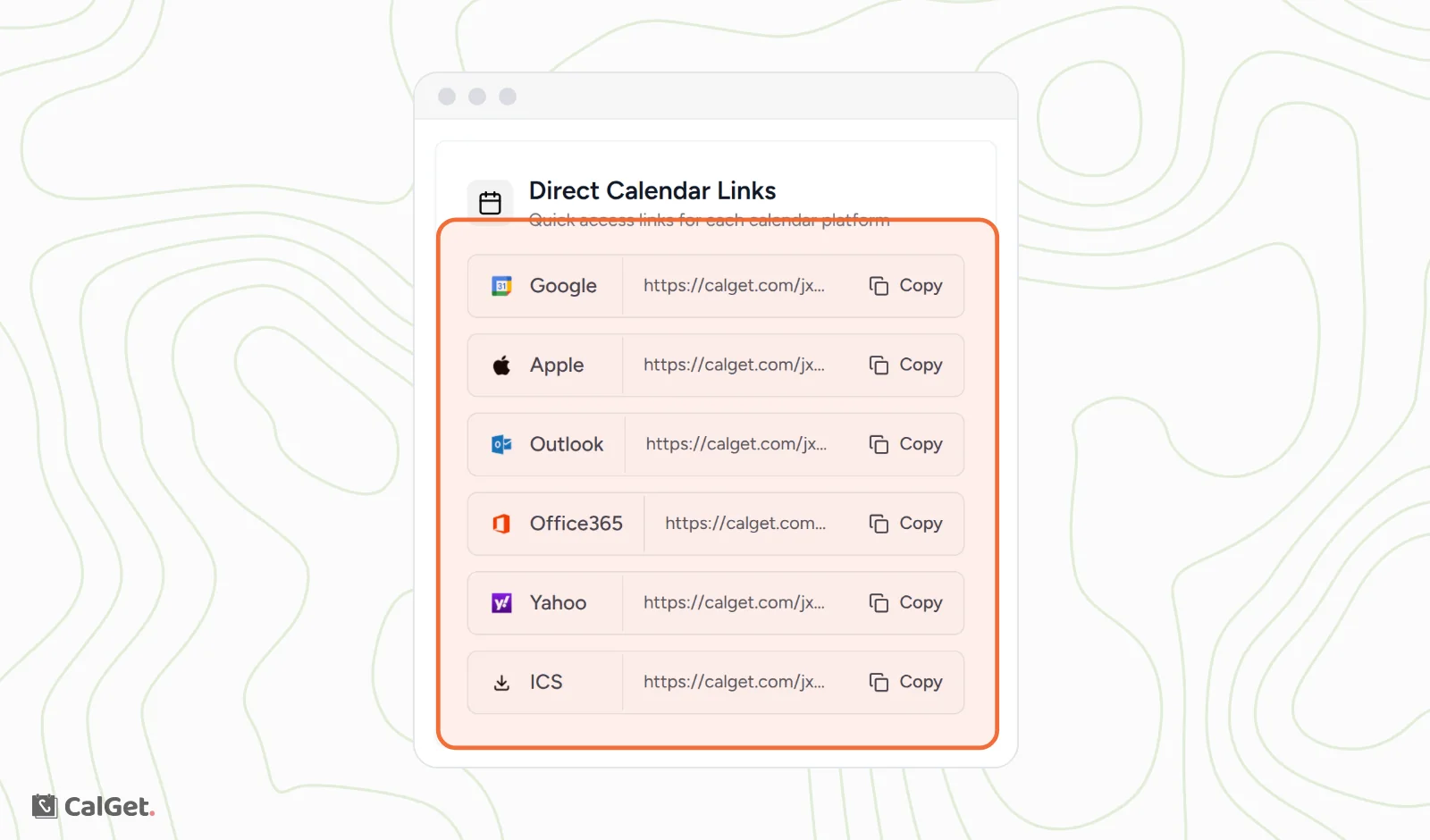 The Direct Calendar Links card with a link and a Copy button for Google, Apple, Outlook, Office365, Yahoo and ICS, highlighted