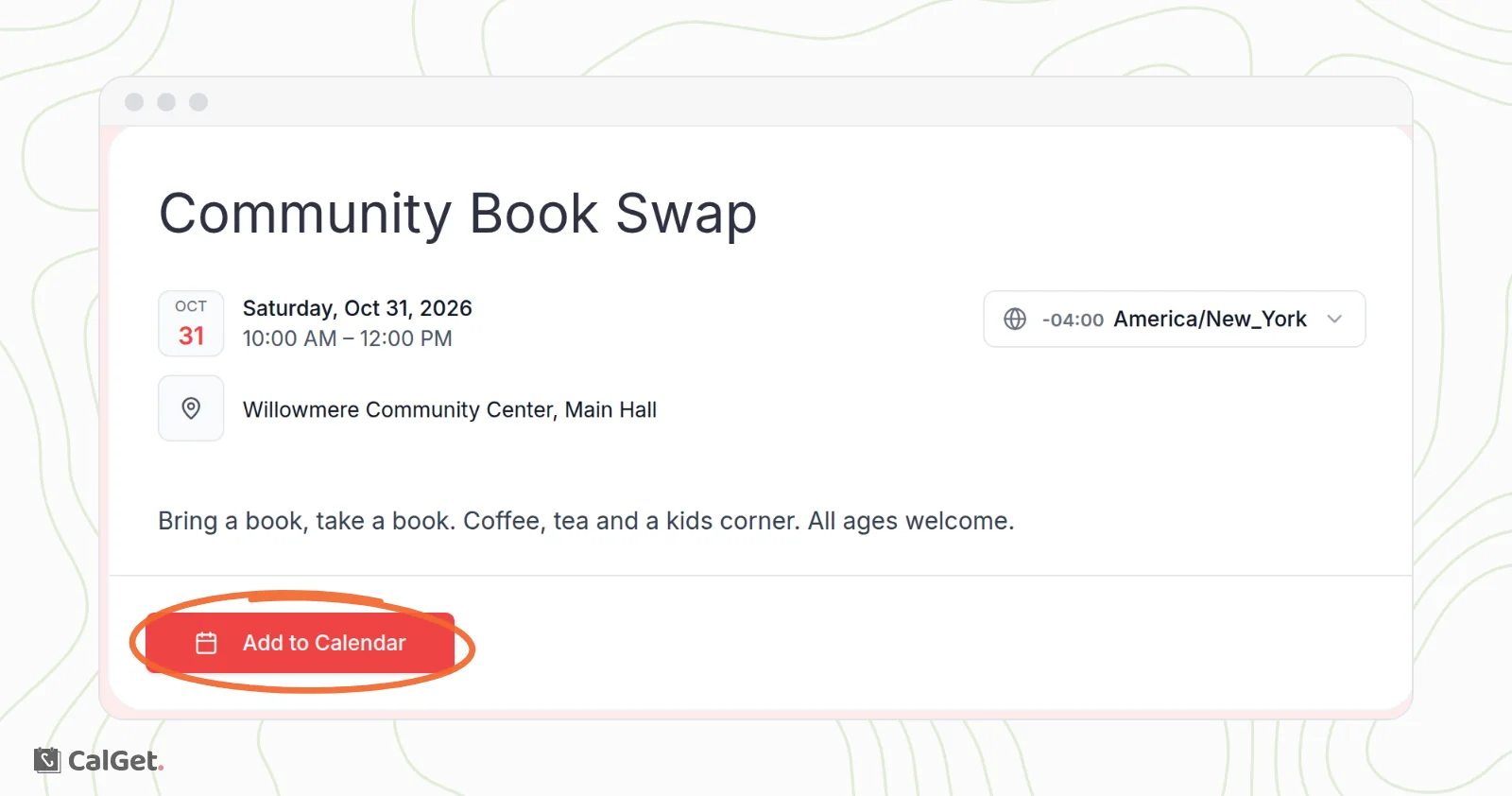 The public event page for Community Book Swap on Saturday, October 31, 2026, 10:00 AM to 12:00 PM, with the location, description and the Add to Calendar button circled
