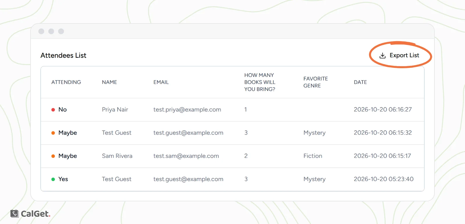 The Attendees List with columns Attending, Name, Email, How many books will you bring?, Favorite genre and Date, four replies from test guests, and the Export List button circled
