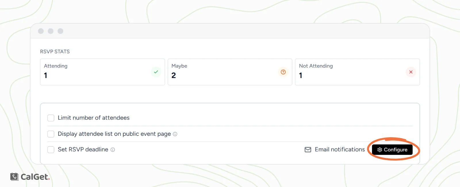 The RSVPs tab of an event with the RSVP STATS totals, the RSVP settings, and the Configure button next to Email notifications circled
