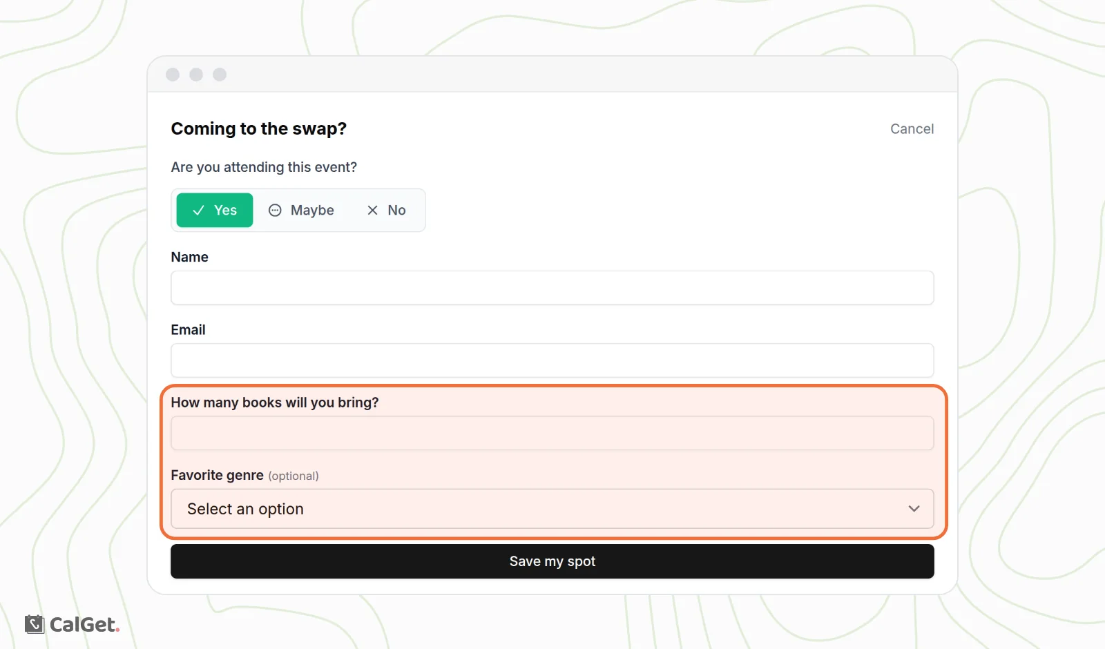 The RSVP form on the event page with the heading Coming to the swap?, Yes, Maybe and No, Name and Email boxes, the custom questions How many books will you bring? and Favorite genre (optional) highlighted, and a Save my spot button