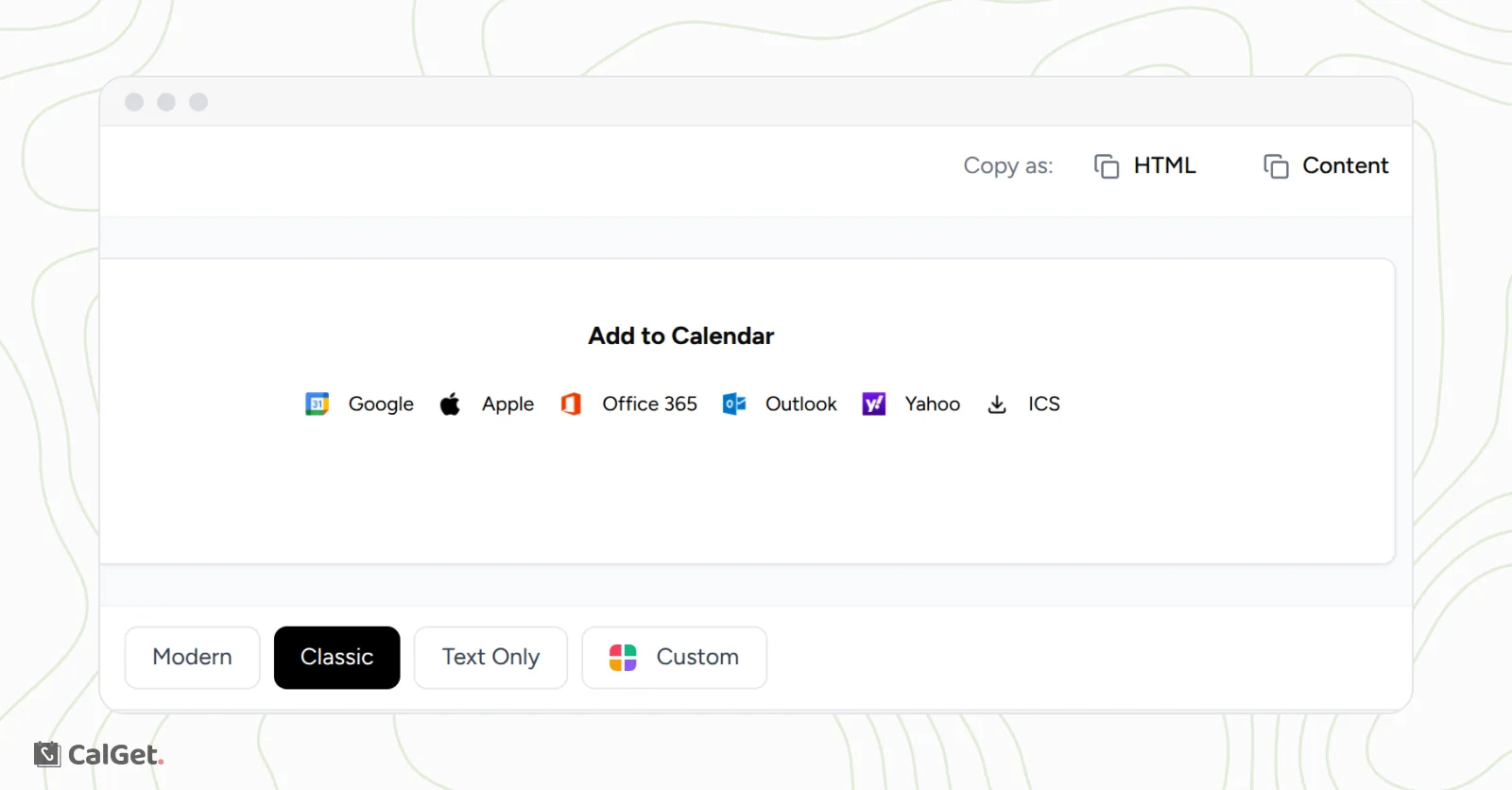 The Classic design: Google, Apple, Office 365, Outlook, Yahoo and ICS with their logos and no button outlines