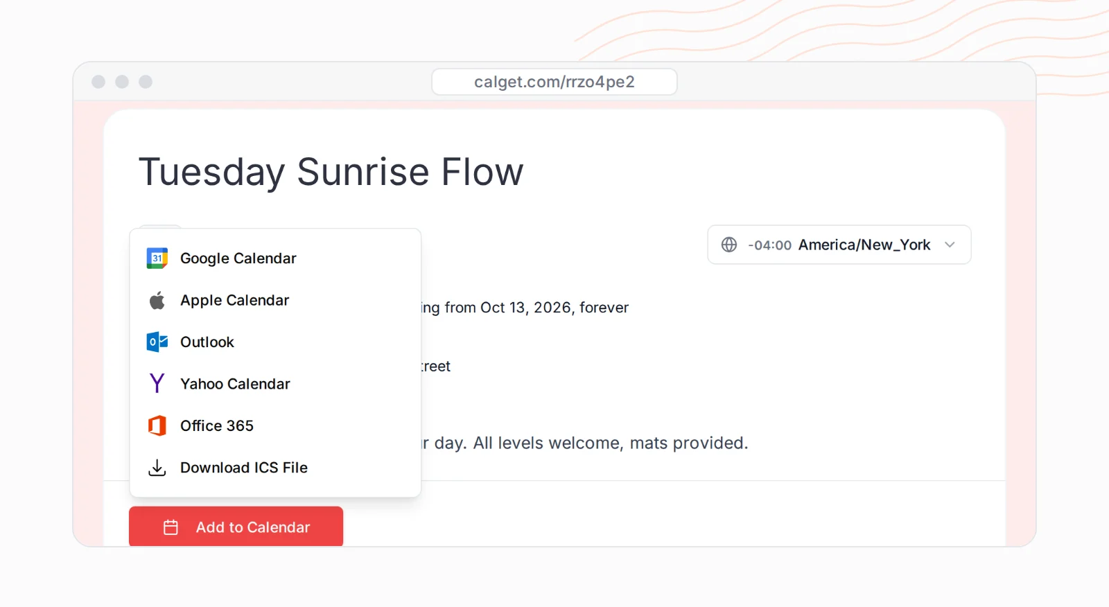 The Add to Calendar menu: Google Calendar, Apple Calendar, Outlook, Yahoo Calendar, Office 365, Download ICS File