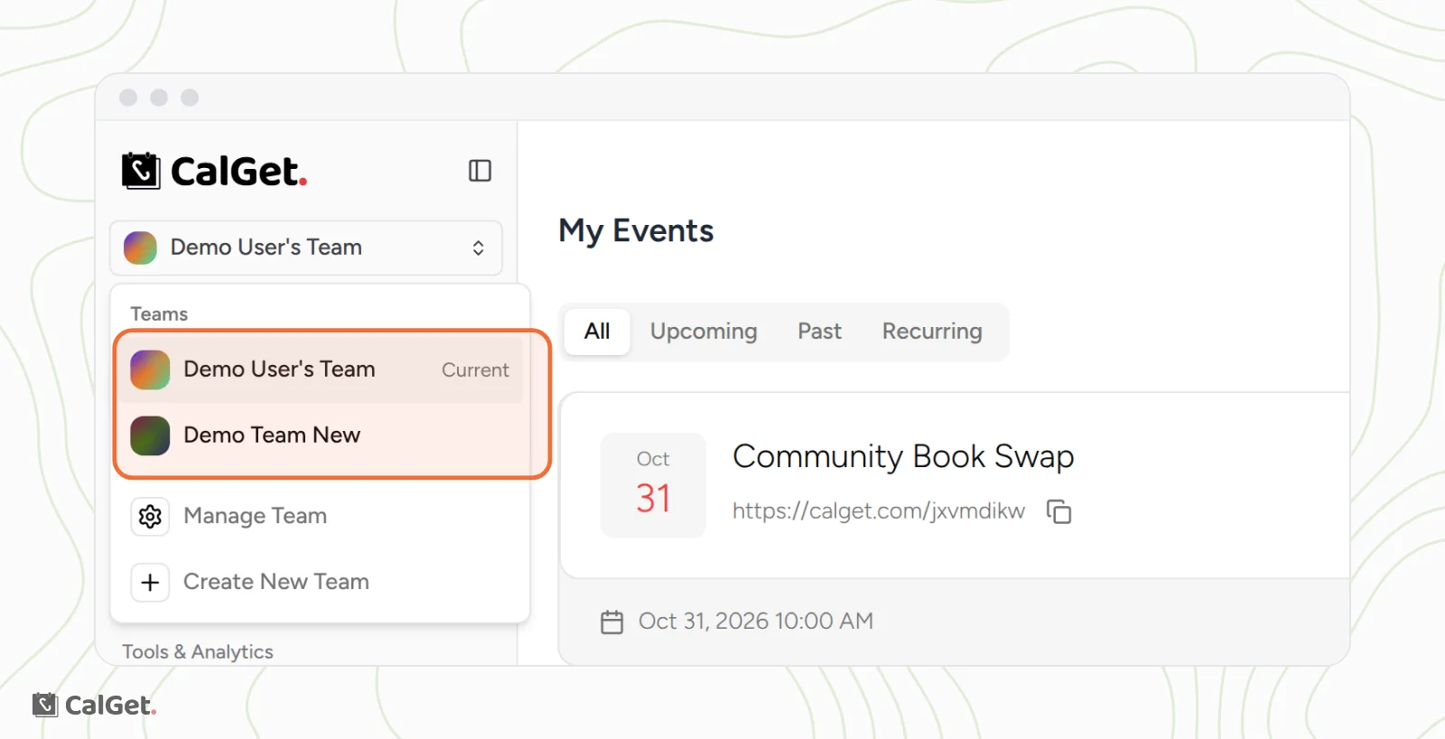 The team menu at the top of the sidebar with the list of teams highlighted, the current team marked Current, and Manage Team and Create New Team below