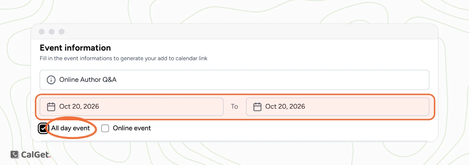 The New Event form with All day event checked and only the start and end dates showing, highlighted