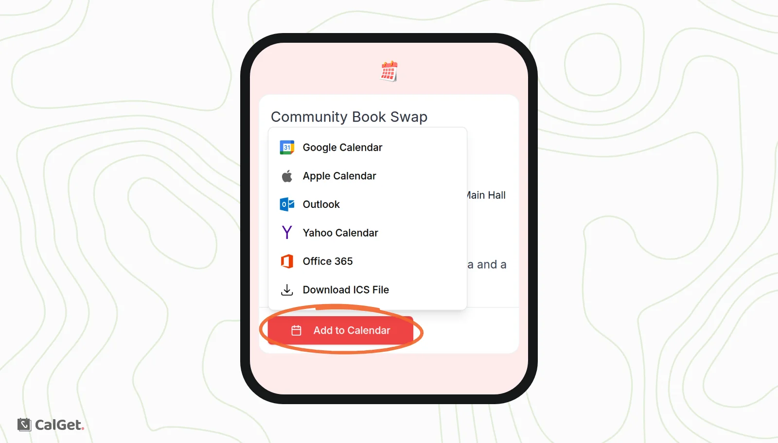 The event page on a phone with the Add to Calendar menu open, listing Google Calendar, Apple Calendar, Outlook, Yahoo Calendar, Office 365 and Download ICS File