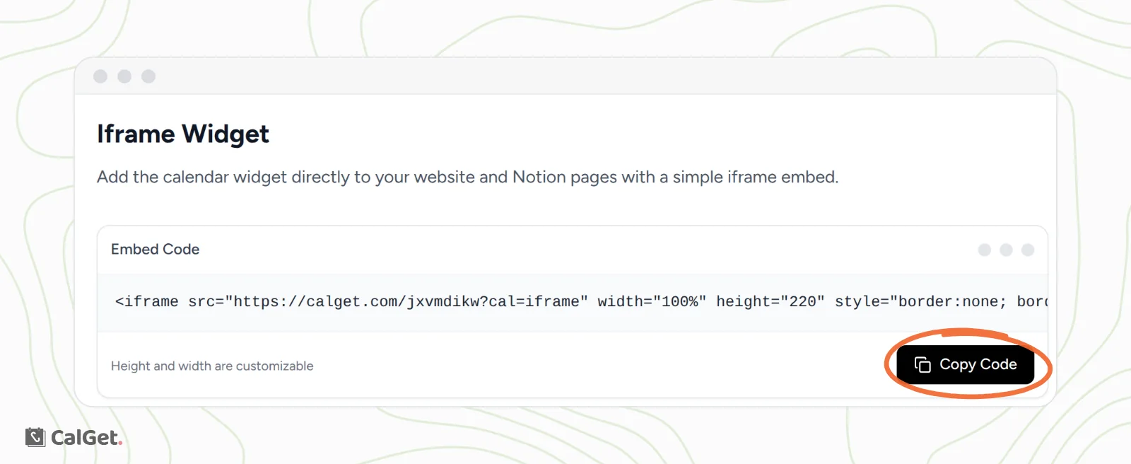 The Iframe Widget section with the embed code and the Copy Code button circled