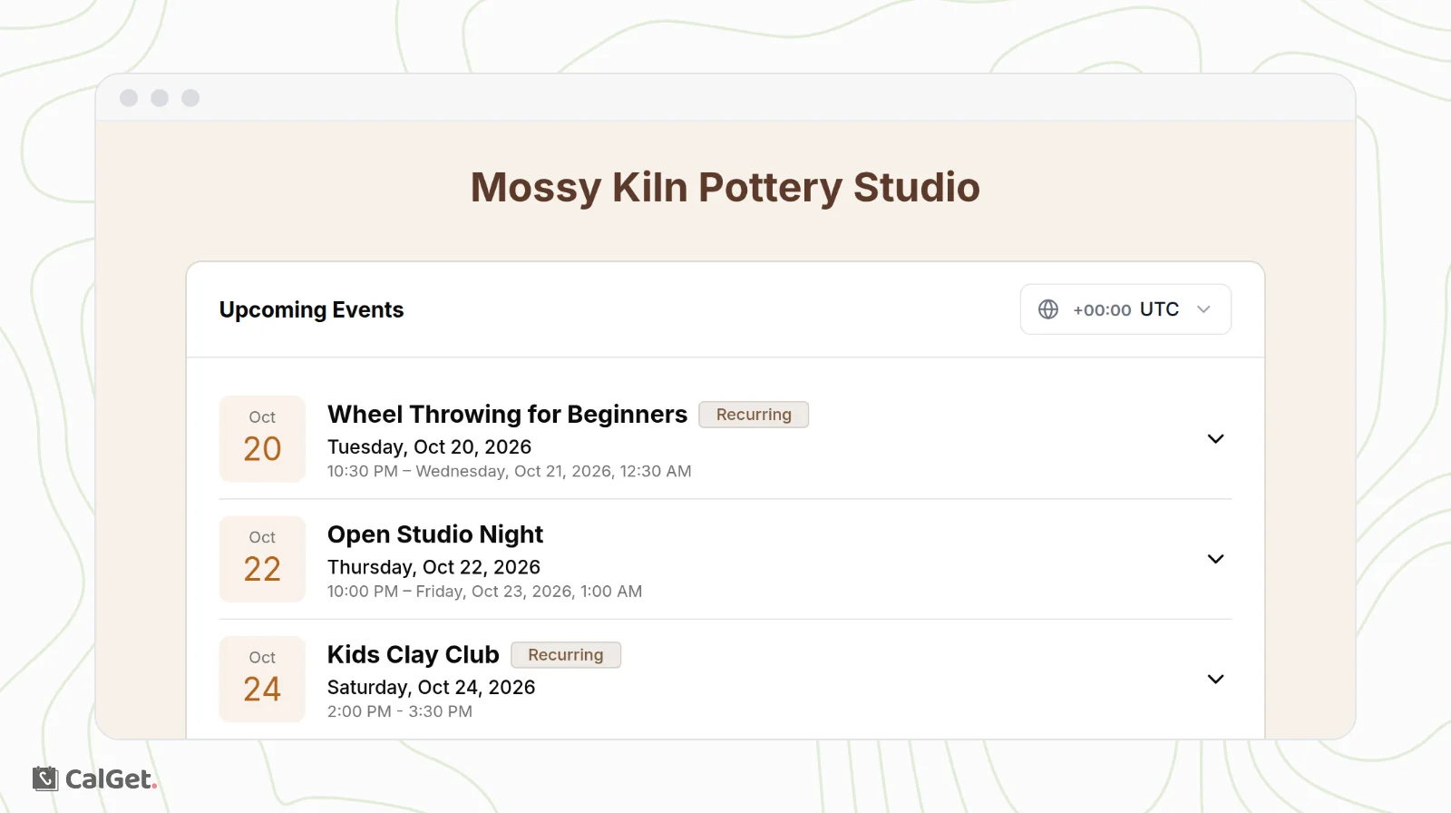 The Mossy Kiln Pottery Studio calendar page with a beige background, a brown title and orange-brown dates on its upcoming events