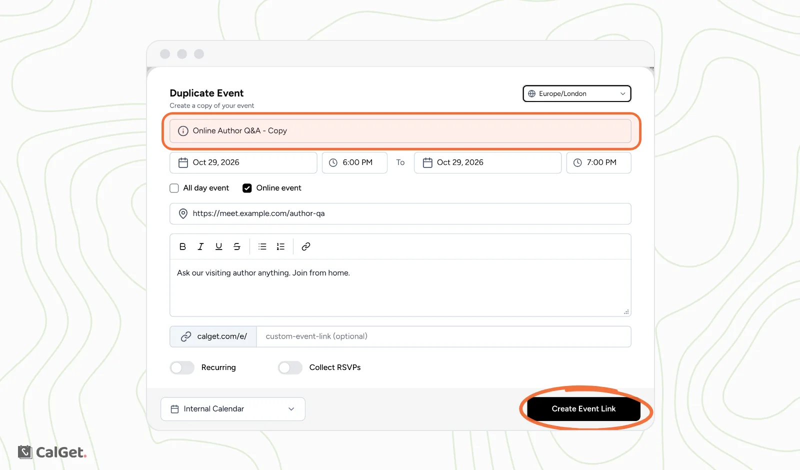The Duplicate Event form filled in with the original event's details, the title Online Author Q&A - Copy highlighted, and the Create Event Link button circled