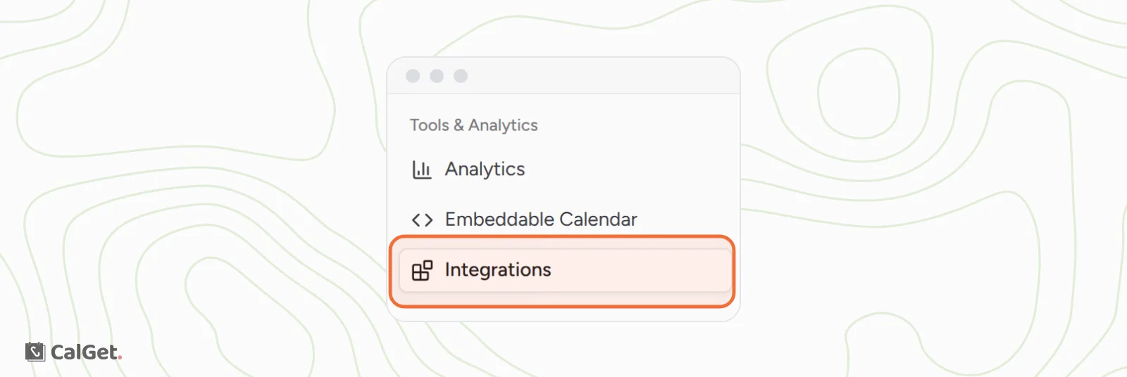 The Tools & Analytics section of the CalGet menu with Analytics, Embeddable Calendar and Integrations, Integrations highlighted