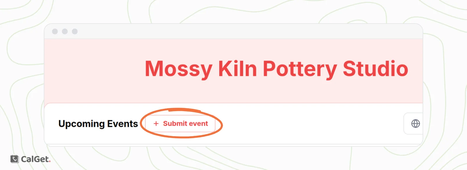 A public calendar page for Mossy Kiln Pottery Studio with the Submit event button next to Upcoming Events circled