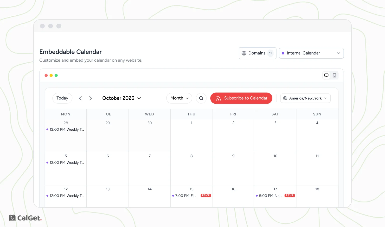 The Embeddable Calendar page with the Domains button, a calendar picker and a live preview of a month calendar with a Subscribe to Calendar button
