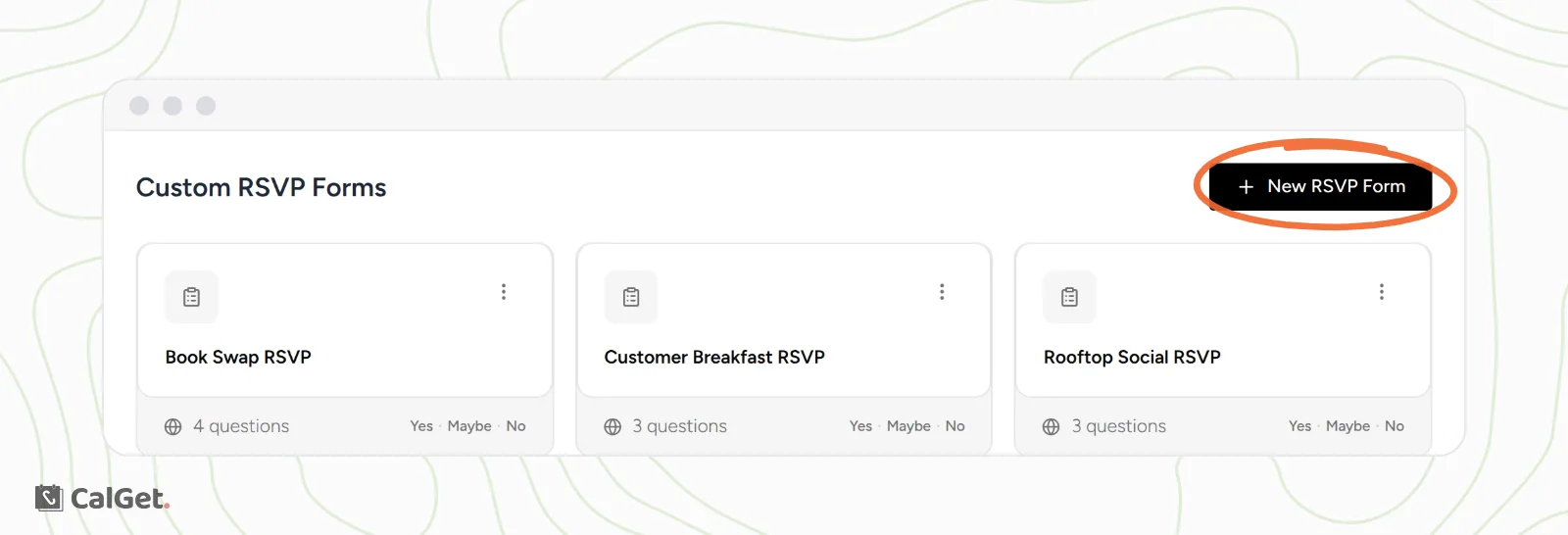The Custom RSVP Forms page with saved forms such as Book Swap RSVP, each showing its number of questions and the Yes, Maybe and No answers, and the New RSVP Form button circled