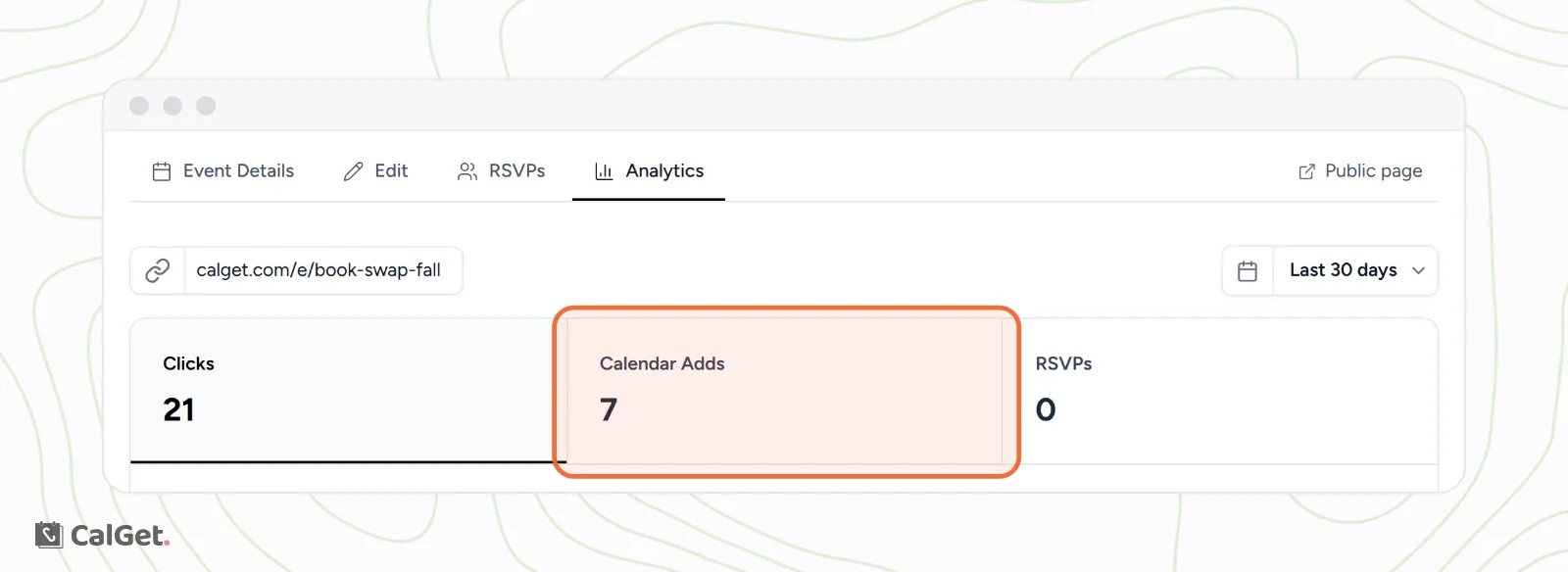The Analytics tab of an event with the Clicks, Calendar Adds and RSVPs totals, the Calendar Adds total highlighted