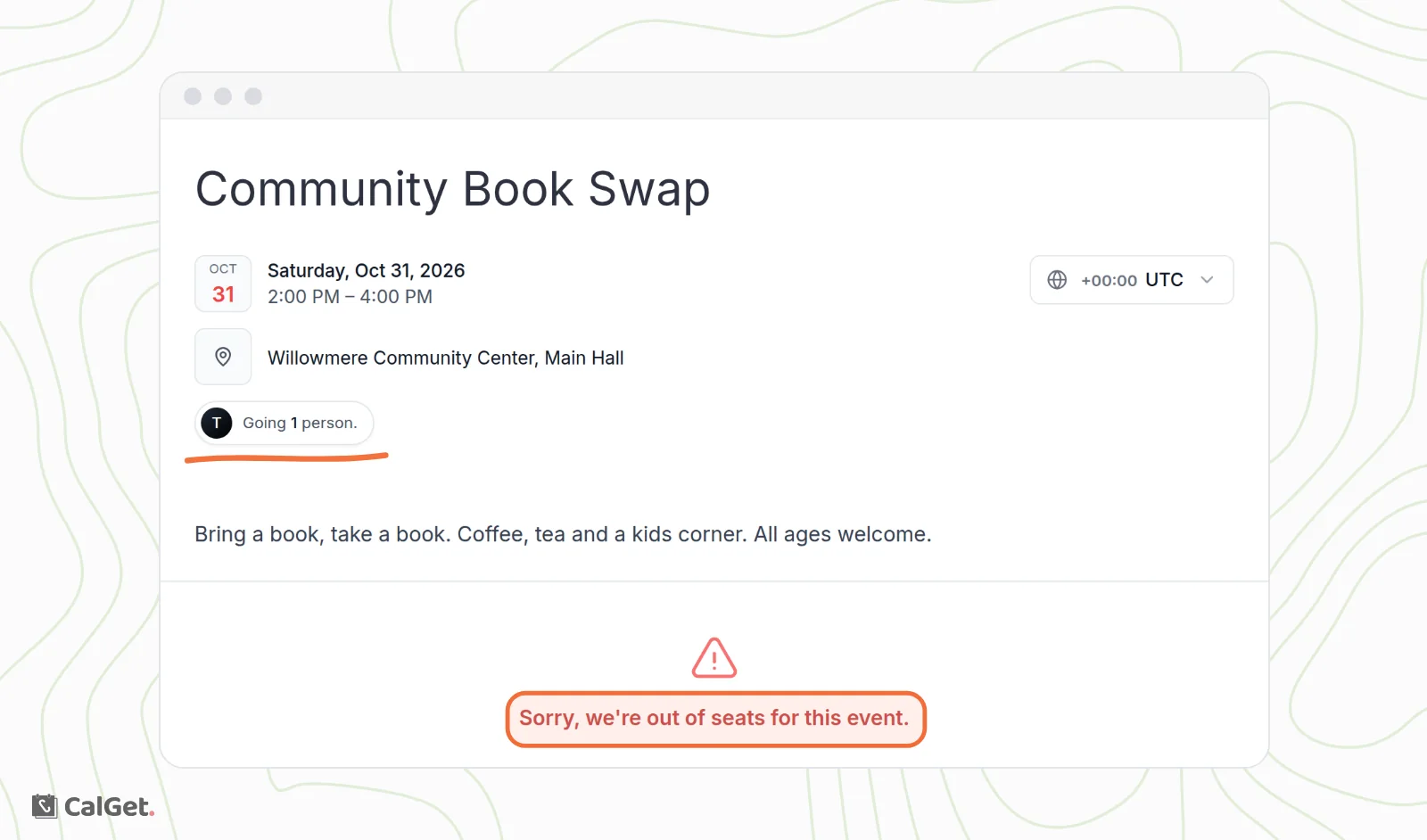 The Community Book Swap event page with the message Sorry, we're out of seats for this event highlighted where the RSVP button usually is, and the Going 1 person badge underlined