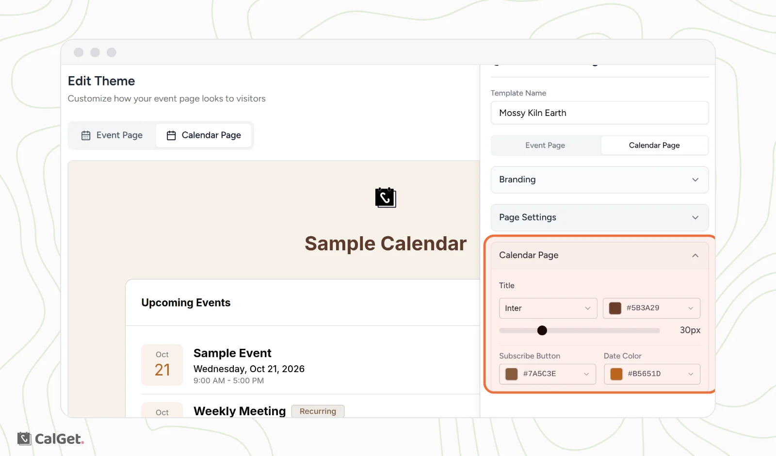 The Edit Theme screen for a theme named Mossy Kiln Earth, with a preview of a Sample Calendar in brown and beige, and the Calendar Page settings for Title, Subscribe Button and Date Color highlighted in the side panel