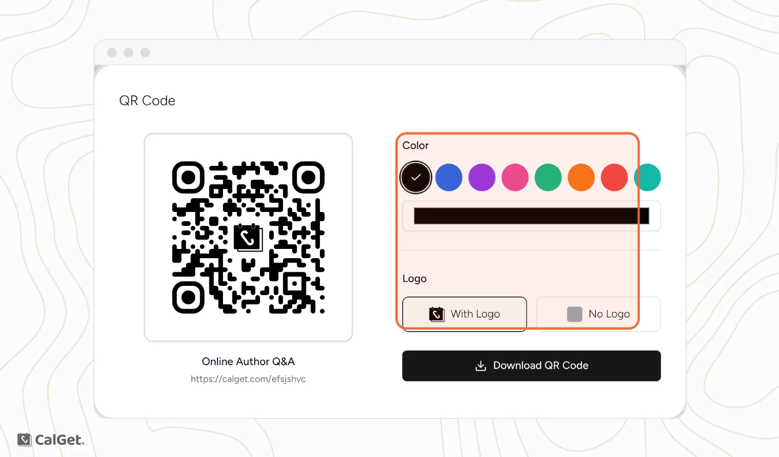 The QR Code window with the event's QR code, the Color choices and the With Logo and No Logo options highlighted, and a Download QR Code button
