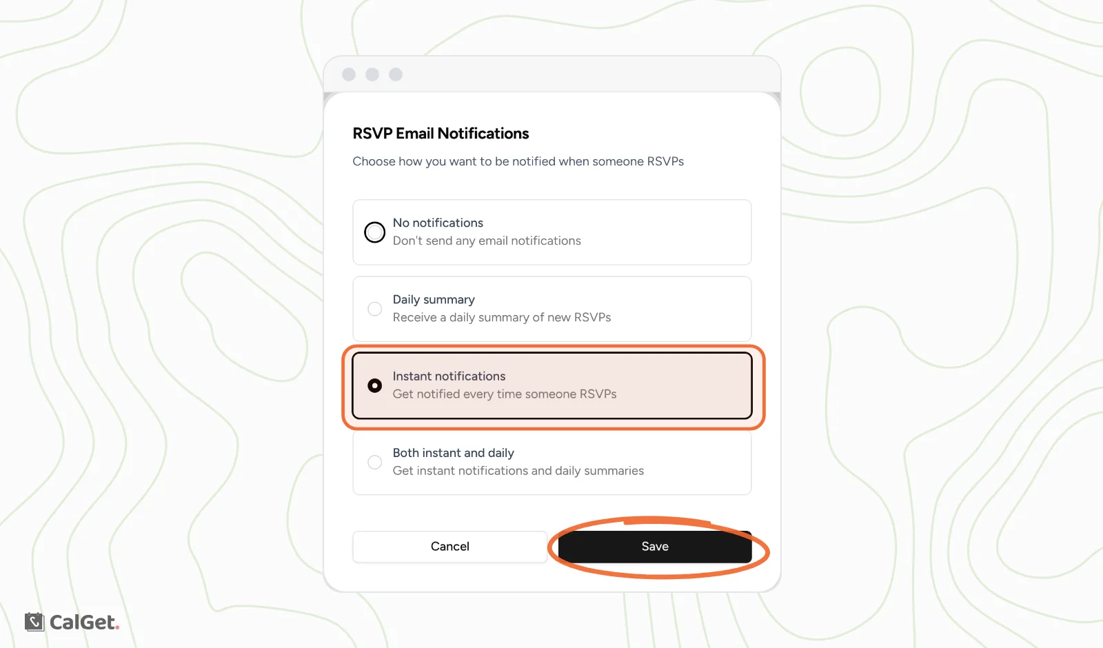 The RSVP Email Notifications window with the options No notifications, Daily summary, Instant notifications and Both instant and daily, Instant notifications selected and highlighted, and the Save button circled