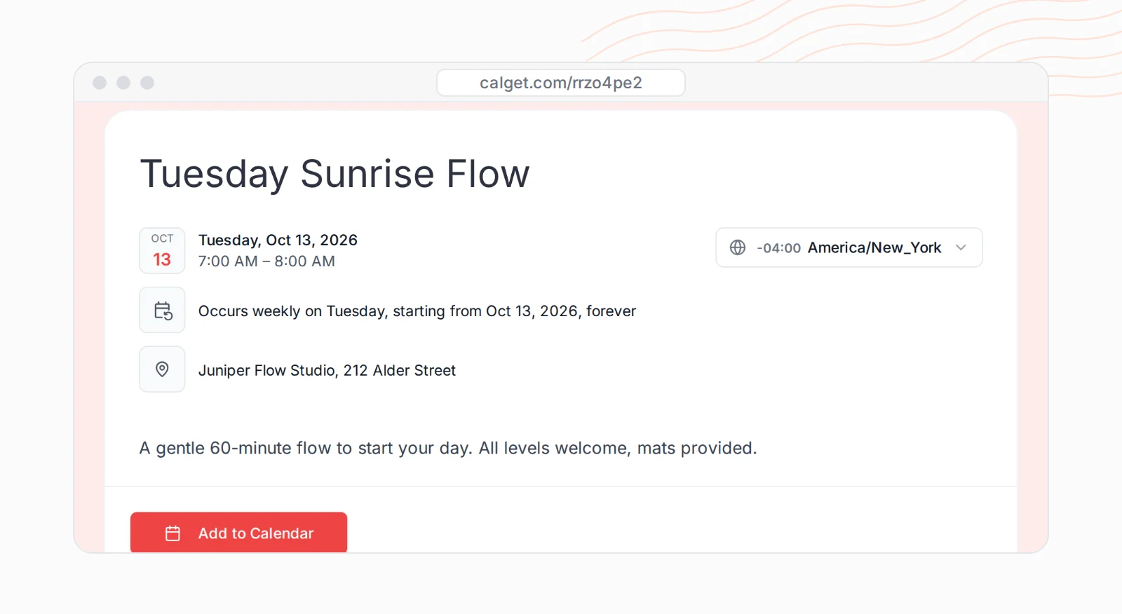 A CalGet event page showing the line: Occurs weekly on Tuesday, starting from Oct 13, 2026, forever